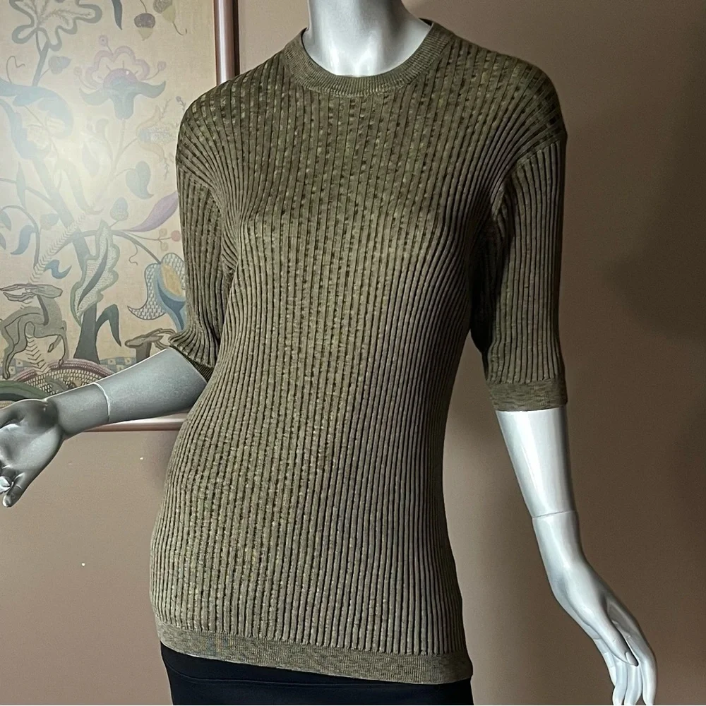 Baracuta 100% Silk Sweater Top Olive Green Ribbed Soft & Stretchy Size LARGE